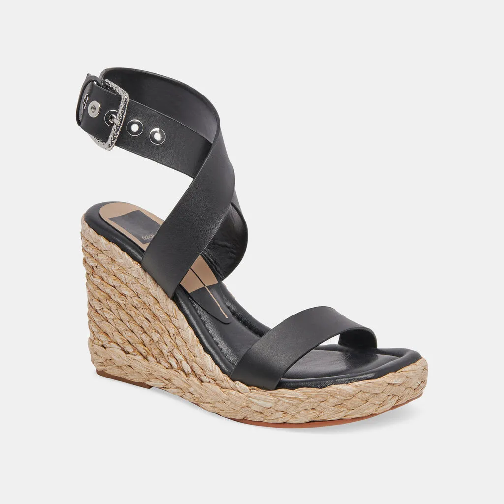 ALDONA Wedges Black Leather | Black Braided Raffia & Leather Sandals– Dolce Vita 6882427437122