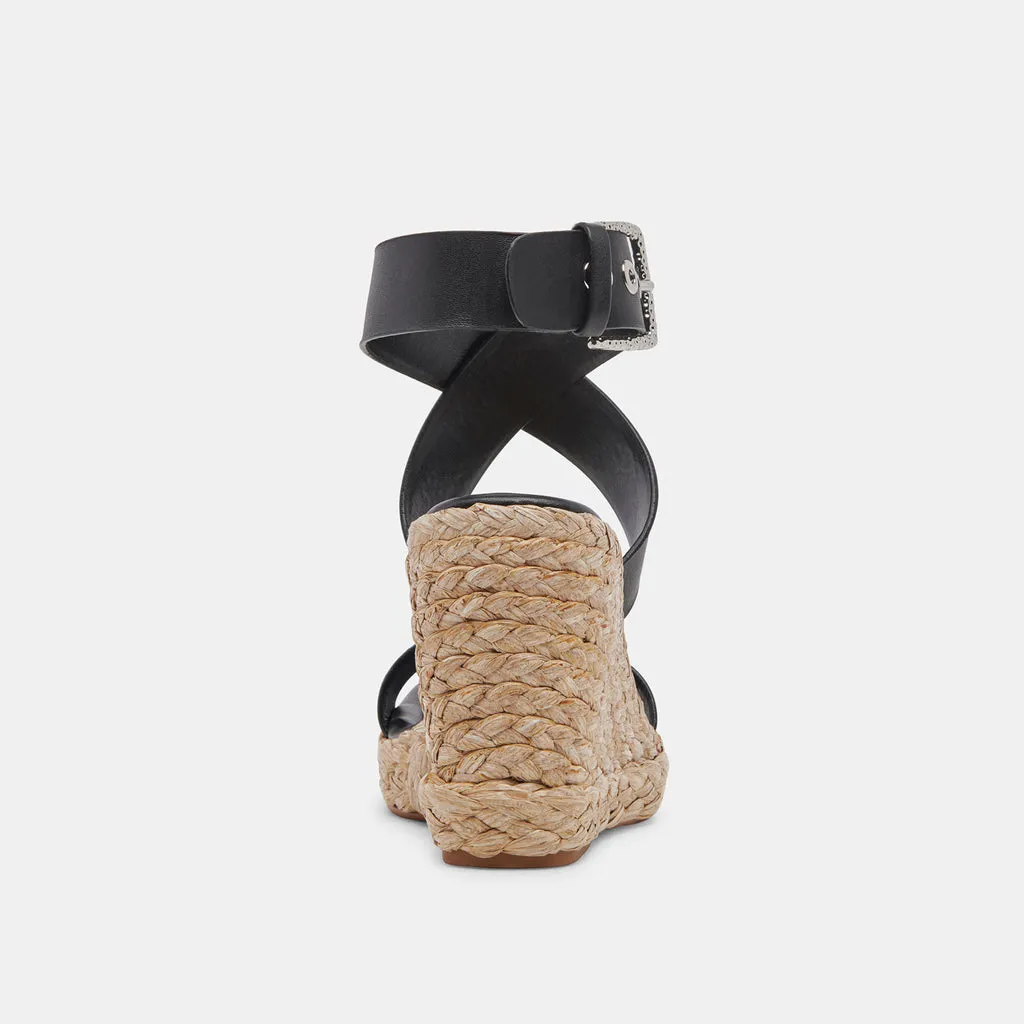 ALDONA Wedges Black Leather | Black Braided Raffia & Leather Sandals– Dolce Vita 6882427437122