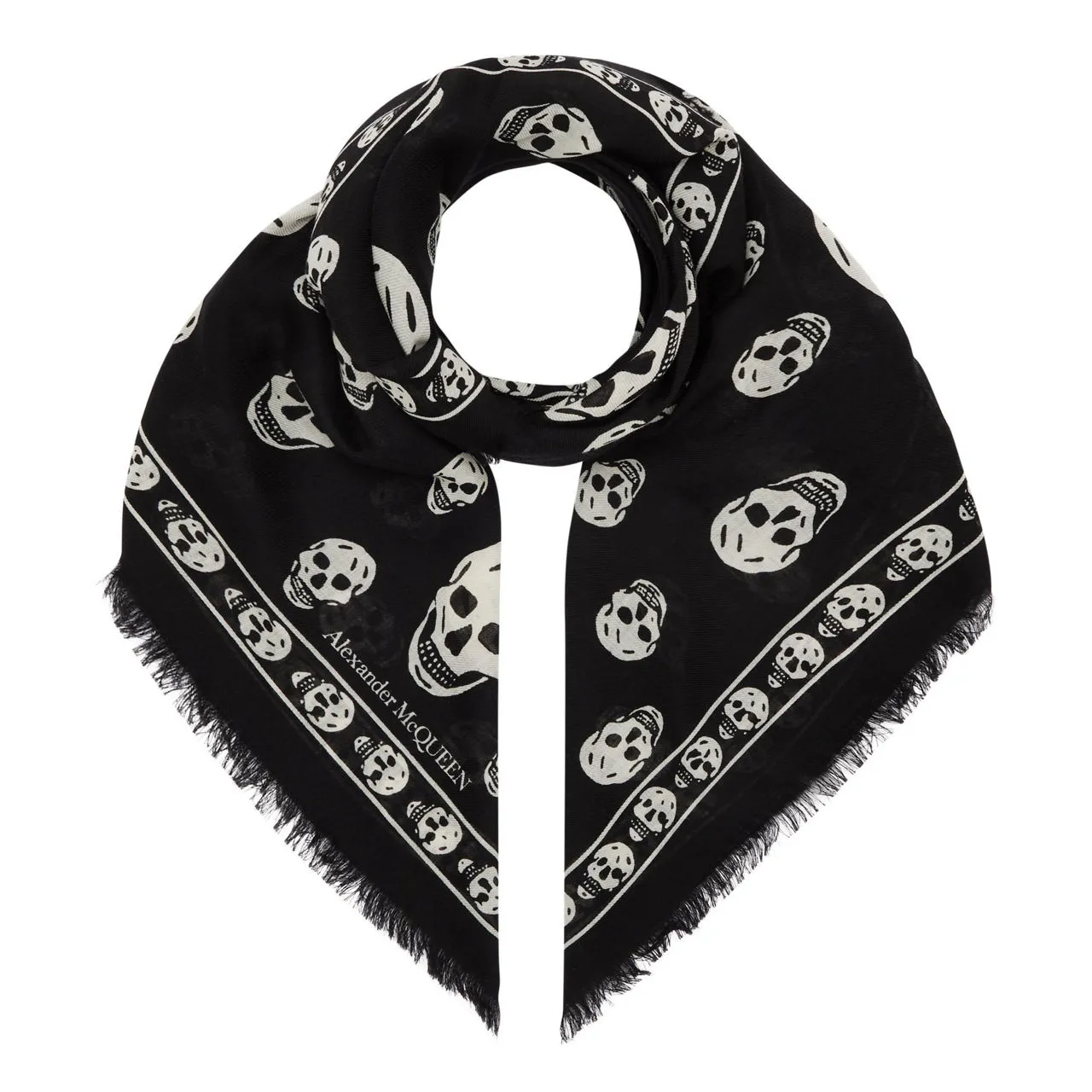 ALEXANDER MCQUEEN Silk Skull Fringed Square Scarf - Black