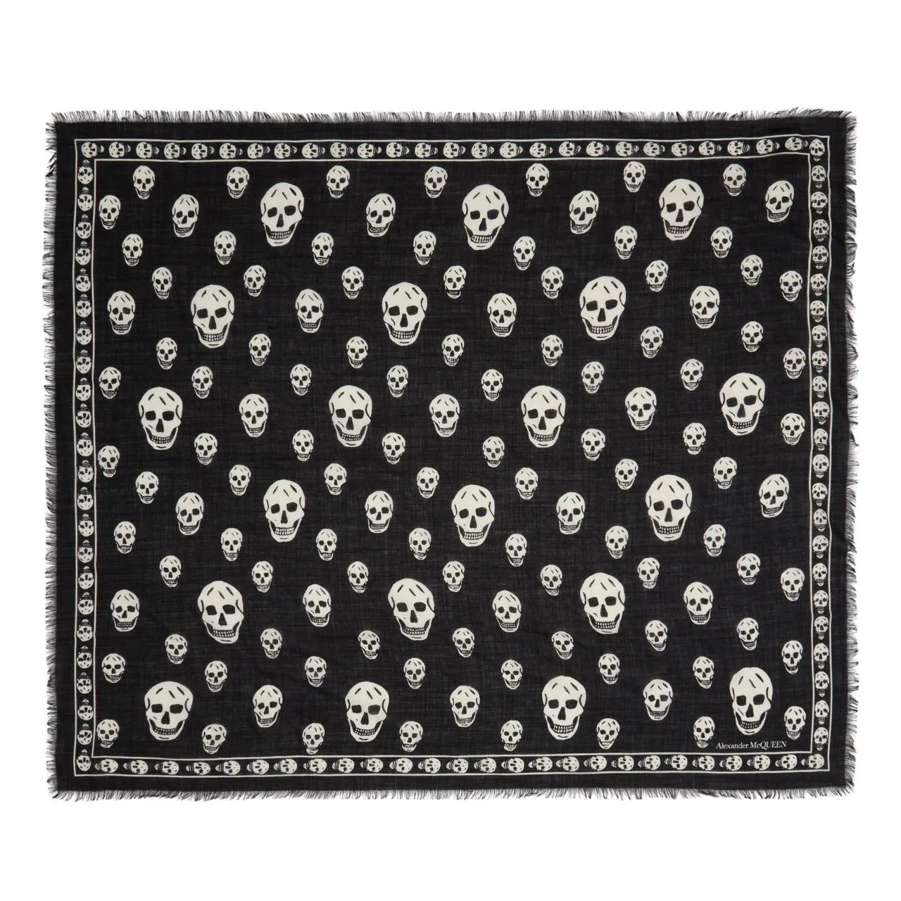 ALEXANDER MCQUEEN Silk Skull Fringed Square Scarf - Black