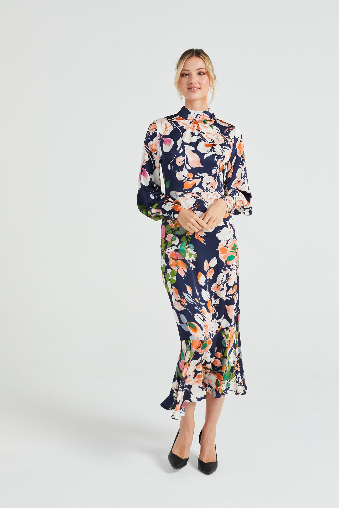 Angeleye Long Satin High Neck Tea Dress In Navy Floral Print