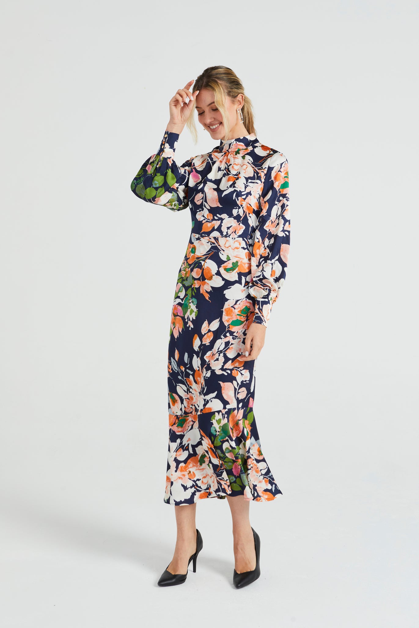 Angeleye Long Satin High Neck Tea Dress In Navy Floral Print