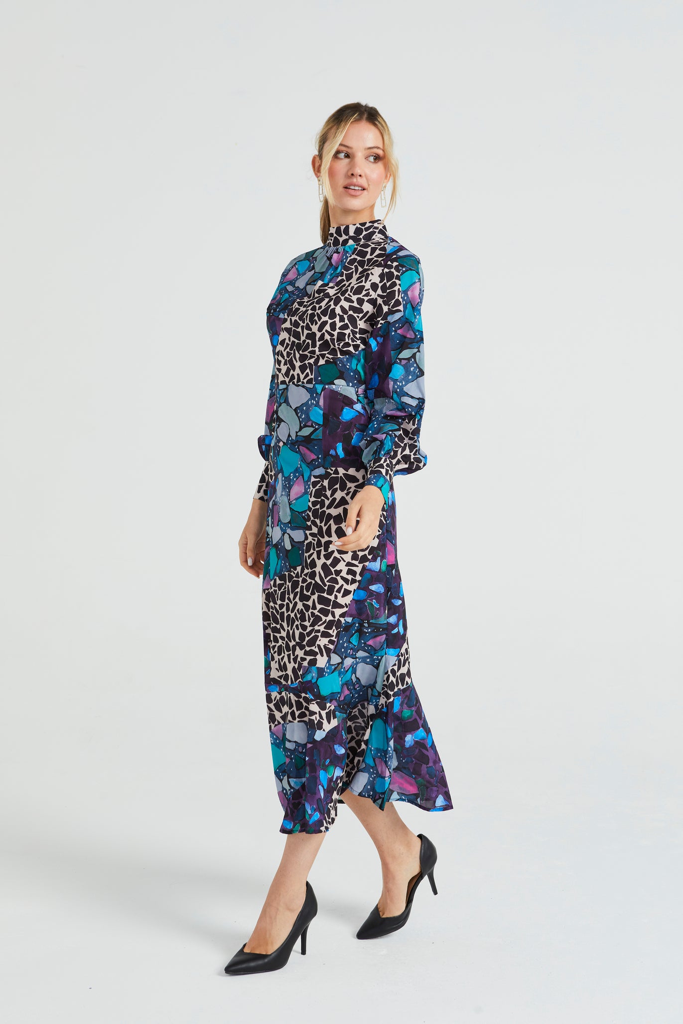 Angeleye Multi Print Long Chiffon High Neck Tea Dress