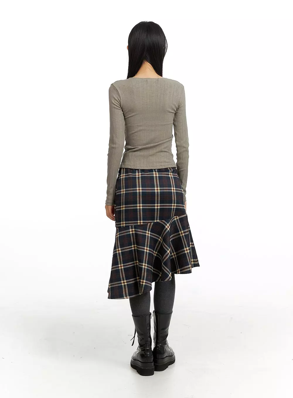 Asymmetrical Flare Check Midi Skirt CF408