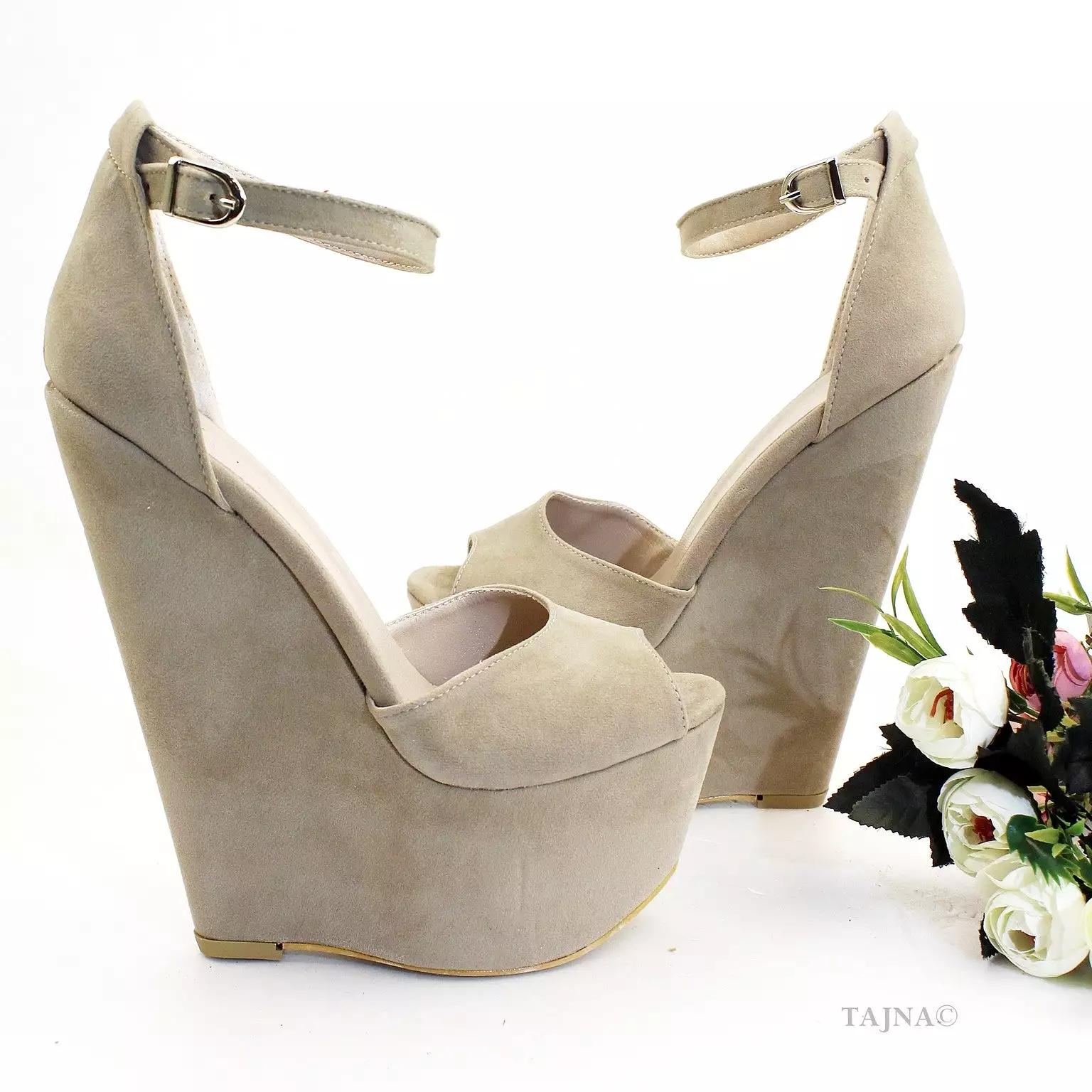 Beige Faux Suede Ankle Strap Wedge Sandals