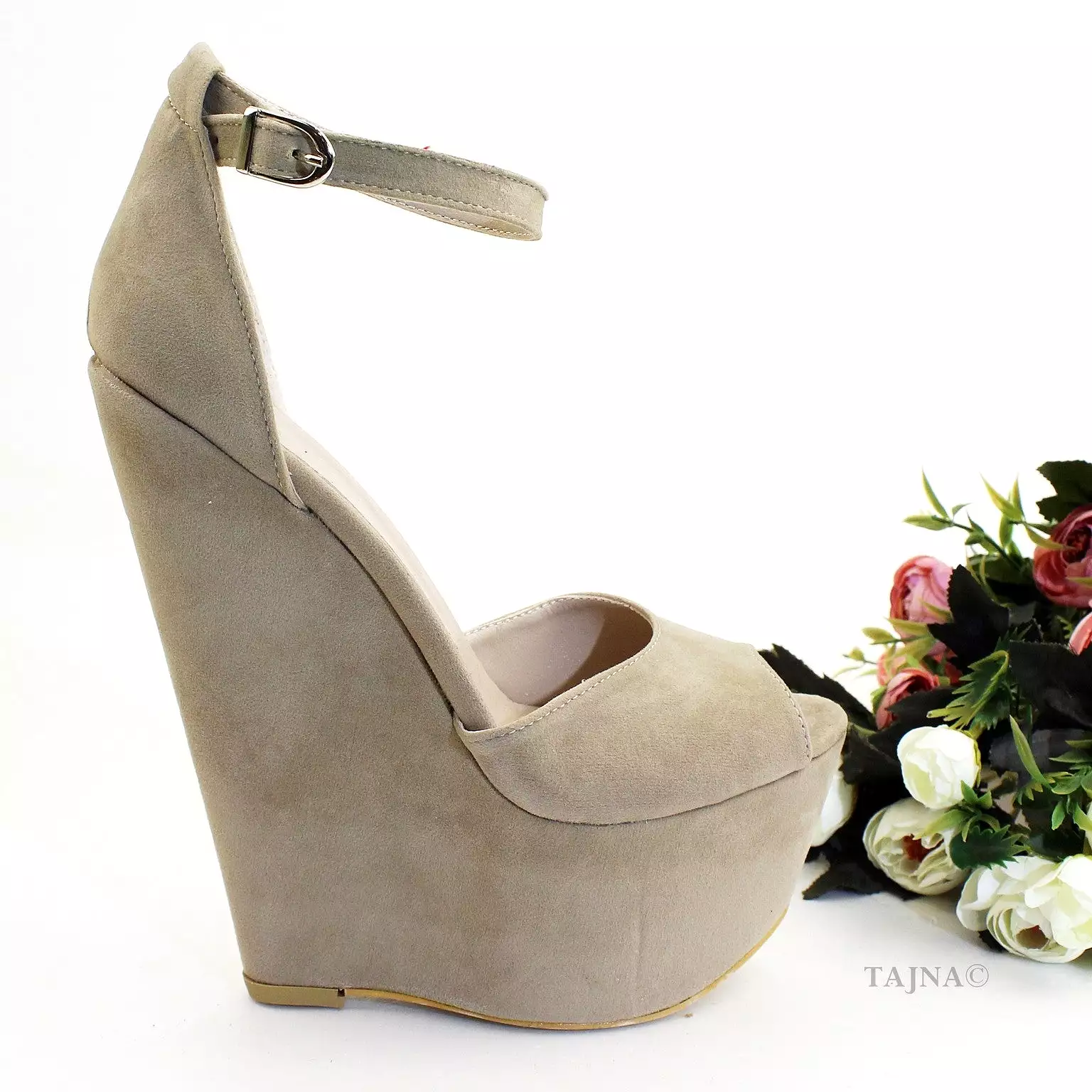 Beige Faux Suede Ankle Strap Wedge Sandals