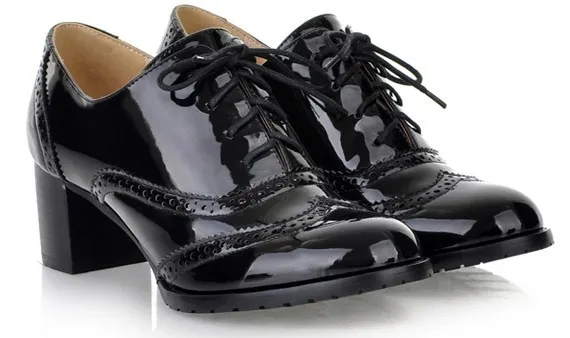 Black Patent Glossy Lace Up Vintage High Heels Oxfords Dress Shoes