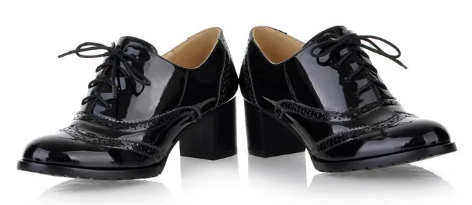 Black Patent Glossy Lace Up Vintage High Heels Oxfords Dress Shoes