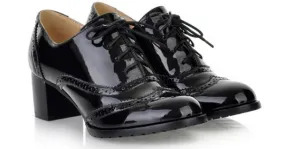 Black Patent Glossy Lace Up Vintage High Heels Oxfords Dress Shoes