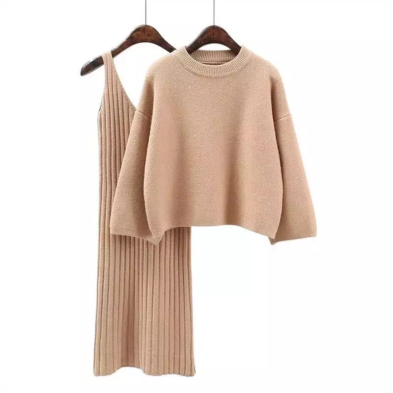 Cashmere Soft Ribbed Knit Dress And Long Sleeve Sweater Two Piece Set