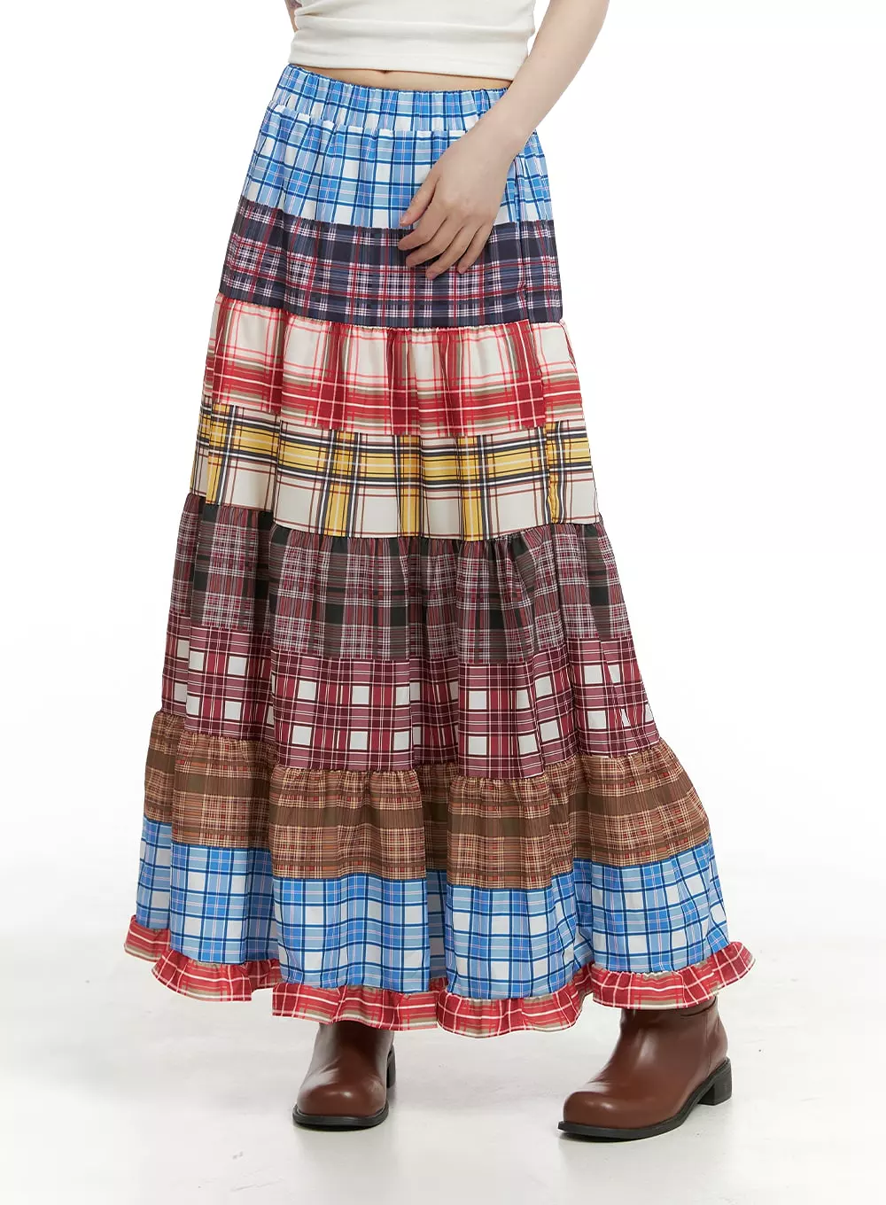 Checkered Ruffle Patchwork Maxi Skirt CA411