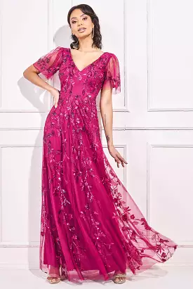 City Goddess Flared Sleeve Embroidered Maxi Dress