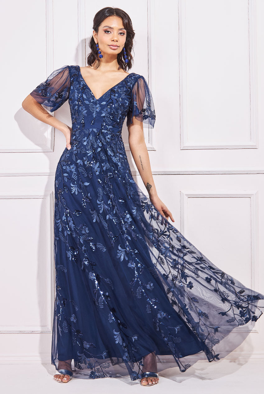 City Goddess Flared Sleeve Embroidered Maxi Dress