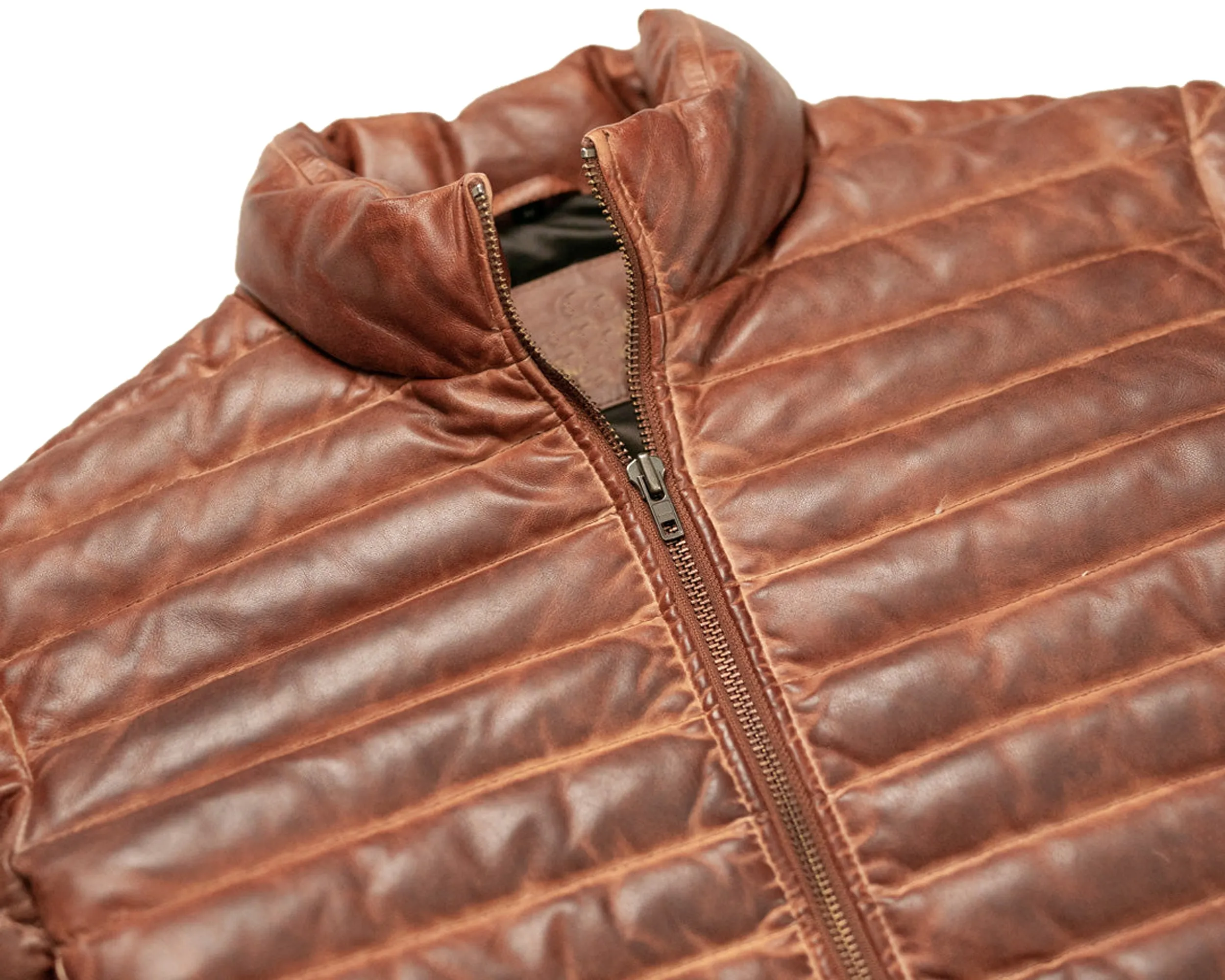 Cognac Leather Puffer Jacket Mens