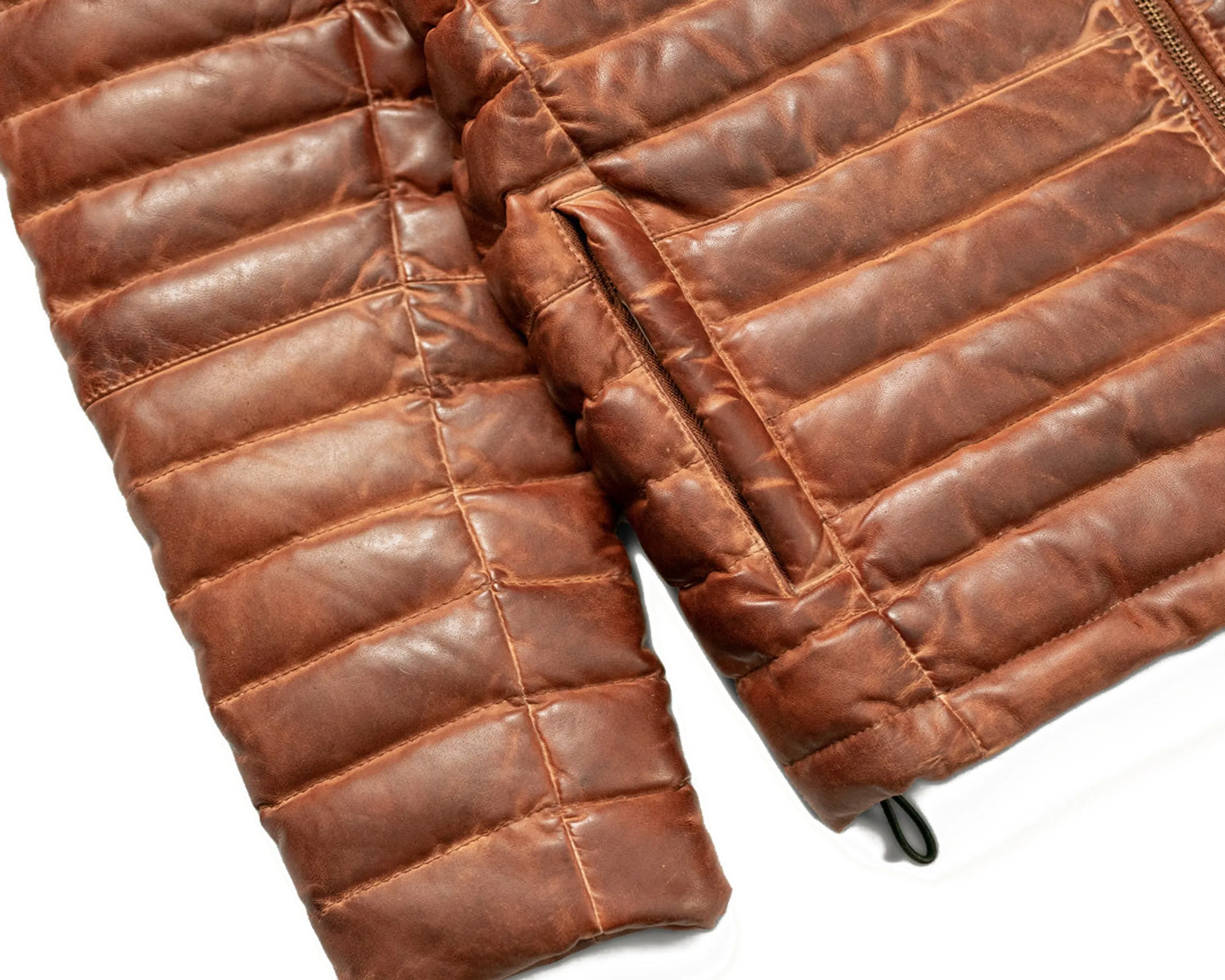 Cognac Leather Puffer Jacket Mens