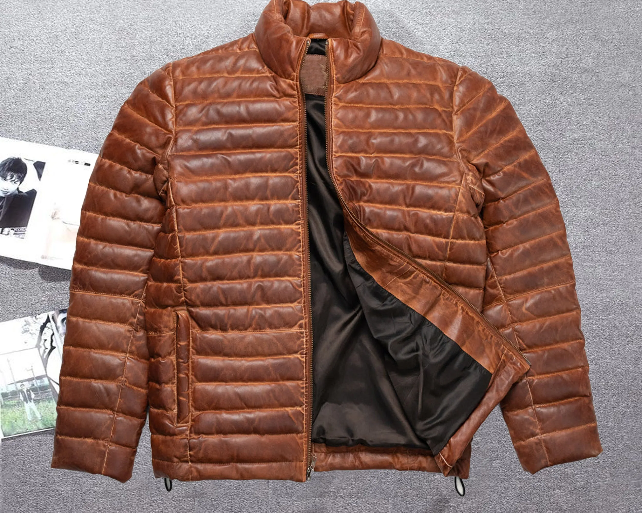 Cognac Leather Puffer Jacket Mens