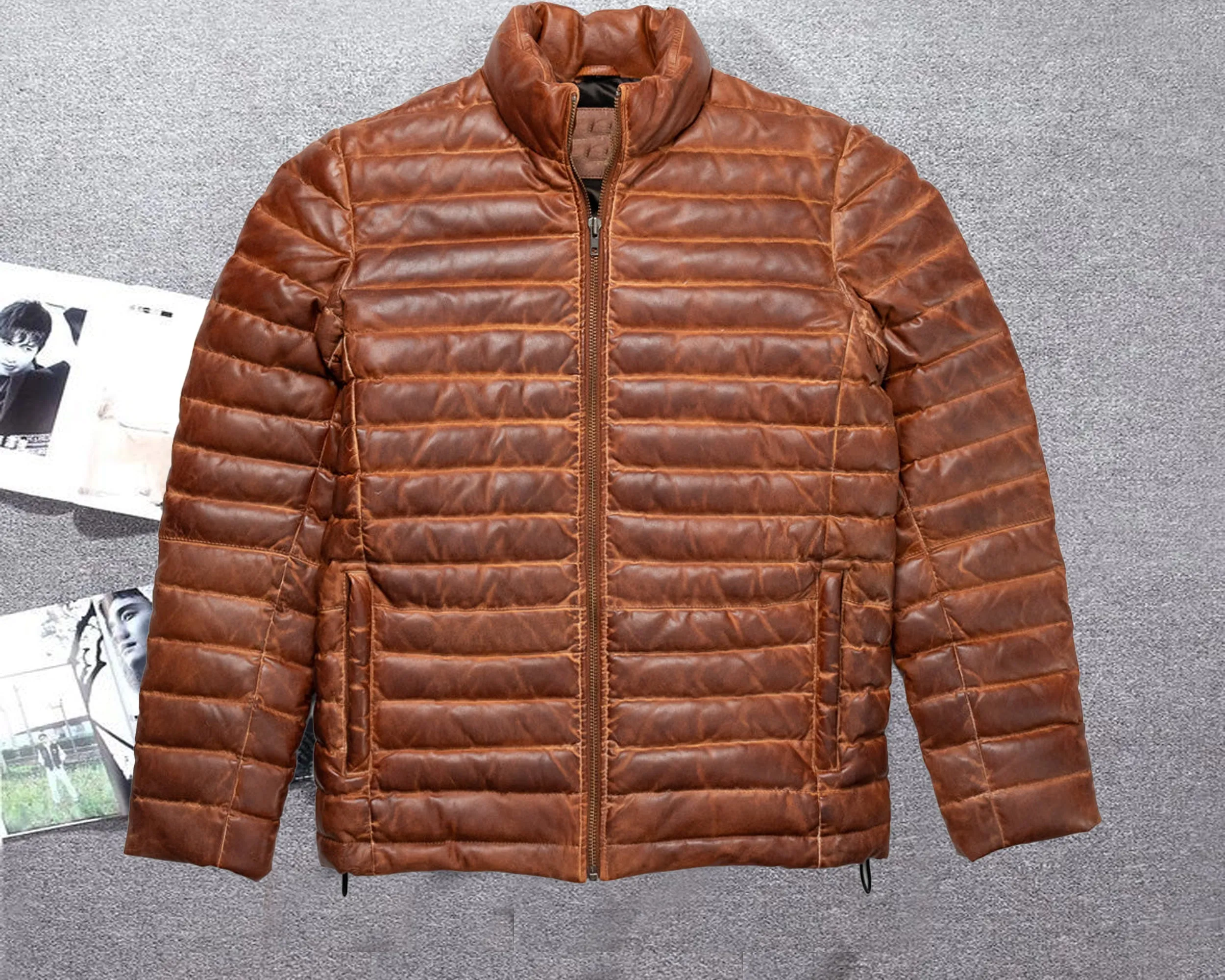 Cognac Leather Puffer Jacket Mens