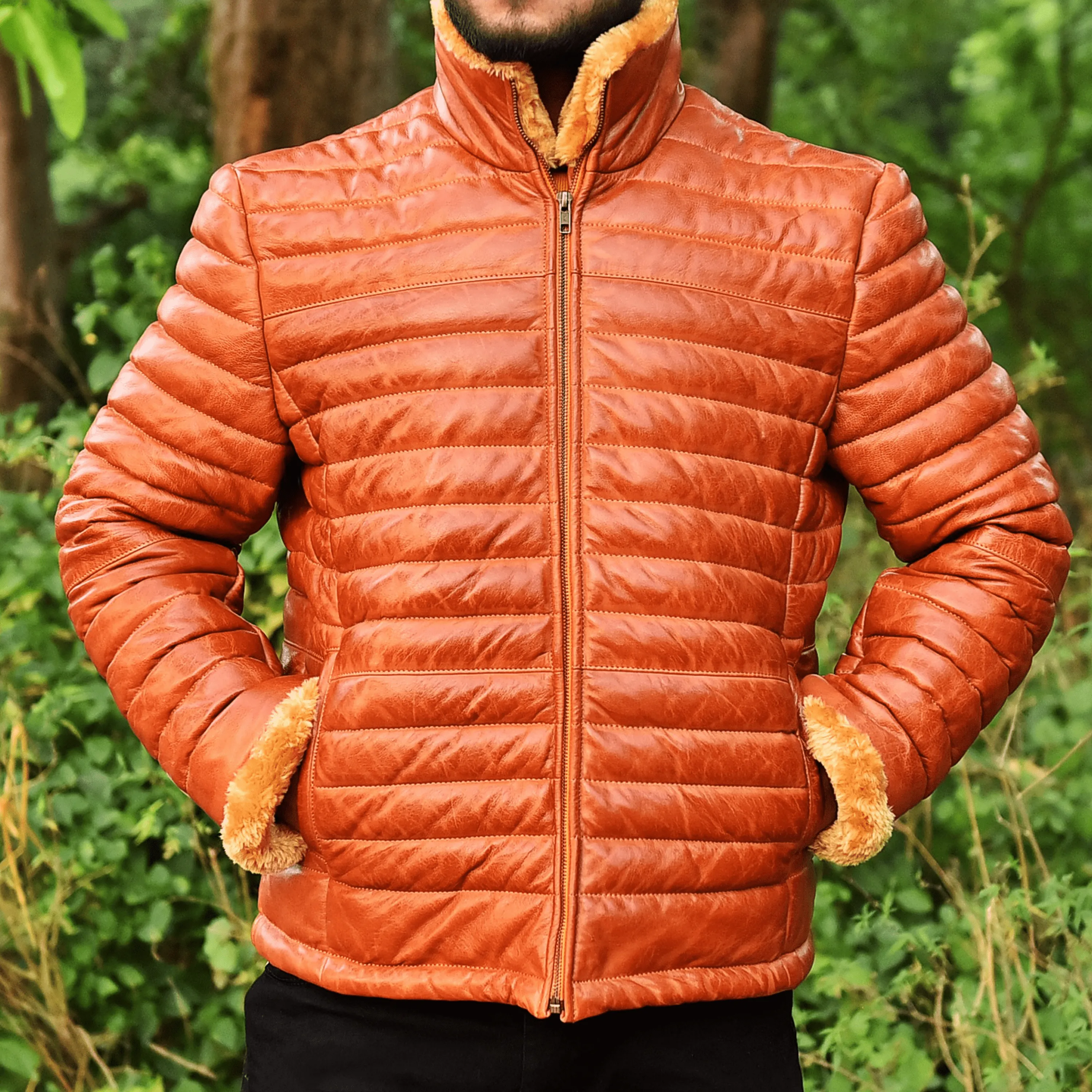 Cognac Mens Leather Puffer Jacket with Fur Lining