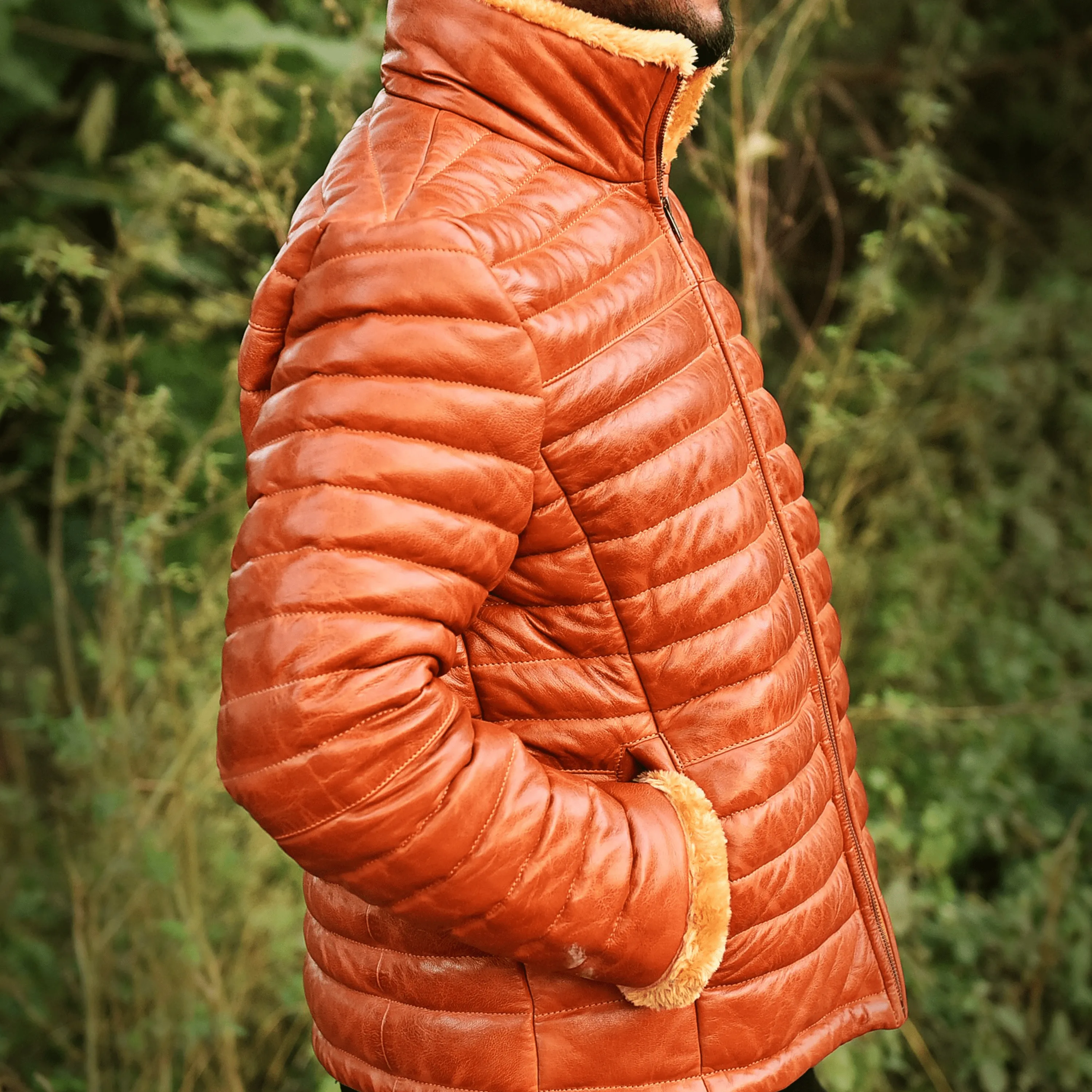 Cognac Mens Leather Puffer Jacket with Fur Lining