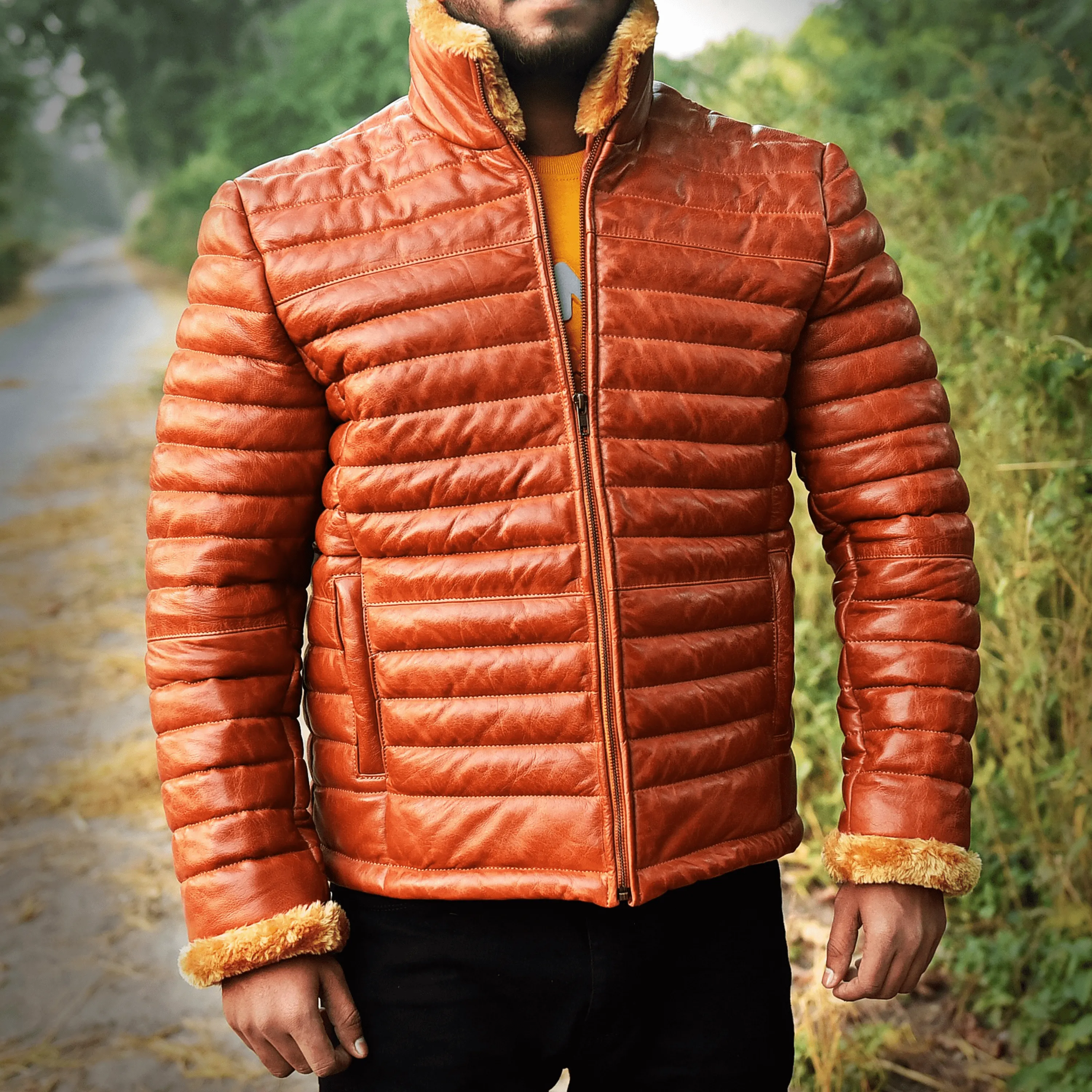 Cognac Mens Leather Puffer Jacket with Fur Lining