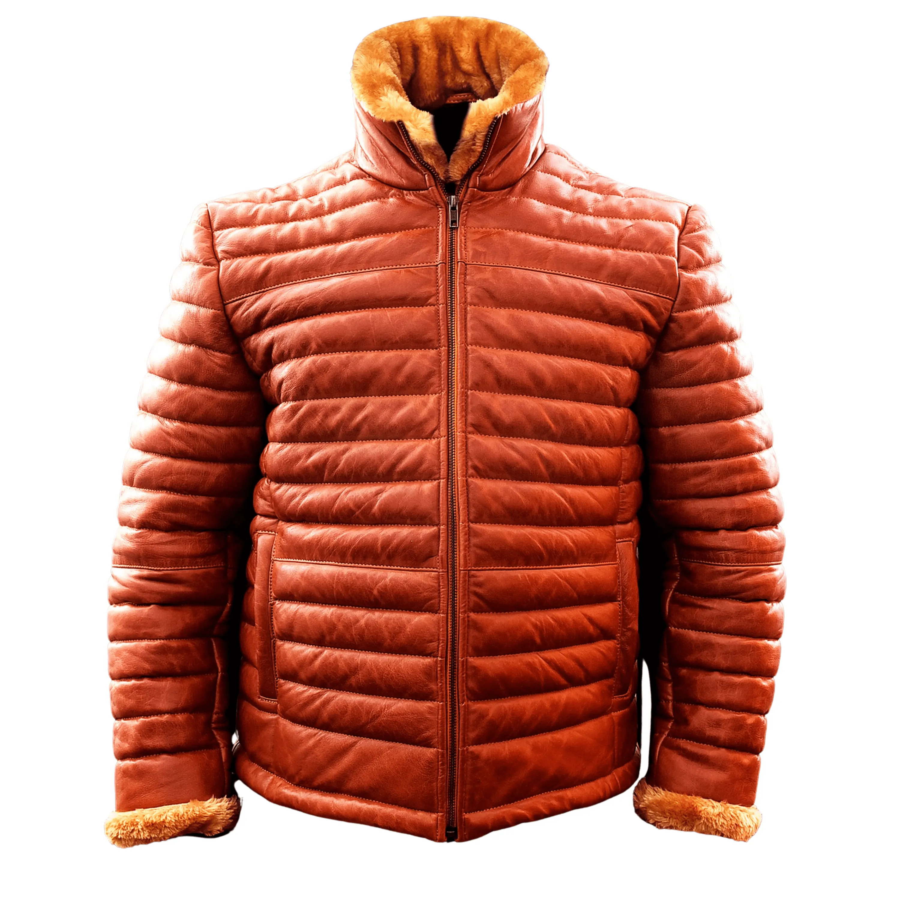 Cognac Mens Leather Puffer Jacket with Fur Lining