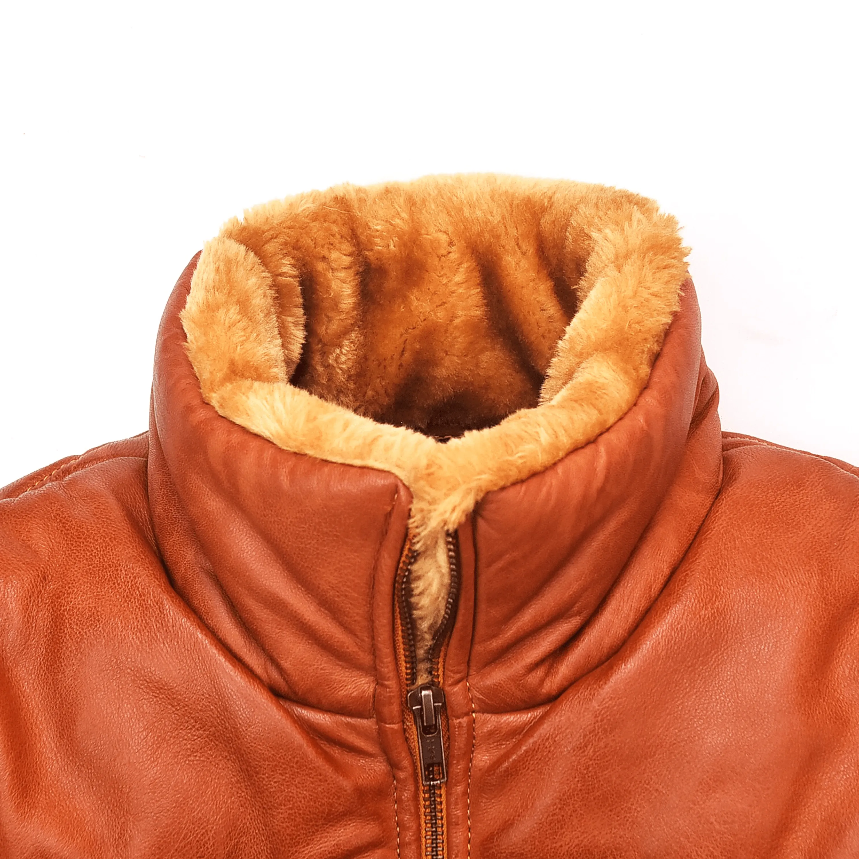 Cognac Mens Leather Puffer Jacket with Fur Lining