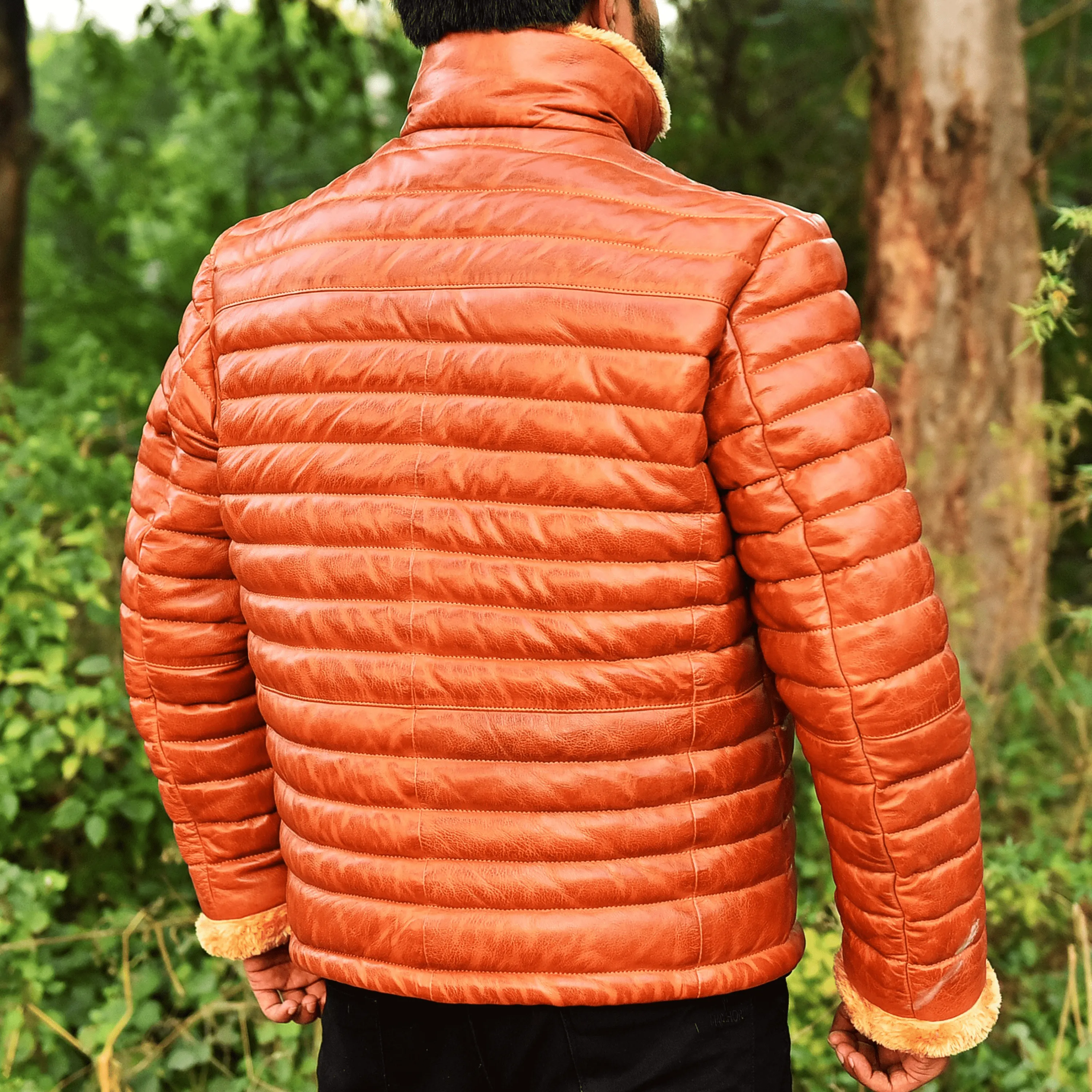 Cognac Mens Leather Puffer Jacket with Fur Lining