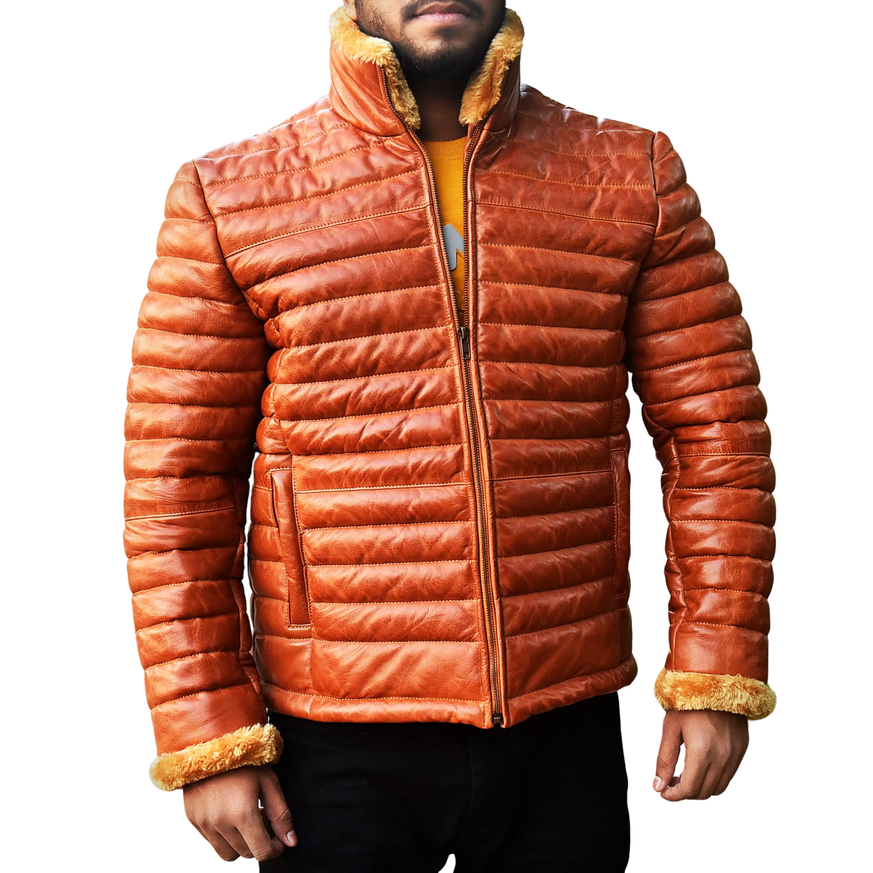 Cognac Mens Leather Puffer Jacket with Fur Lining