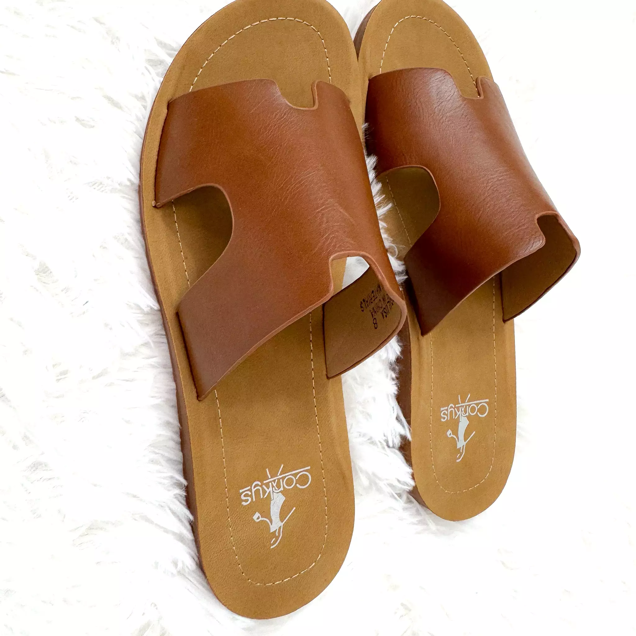 Corkys Bogalusa Smooth Cognac Faux Leather Sandals