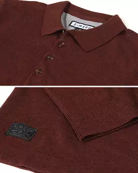 Dark Red Casual Polo Long Sleeve Pullover Button Knit Shirt