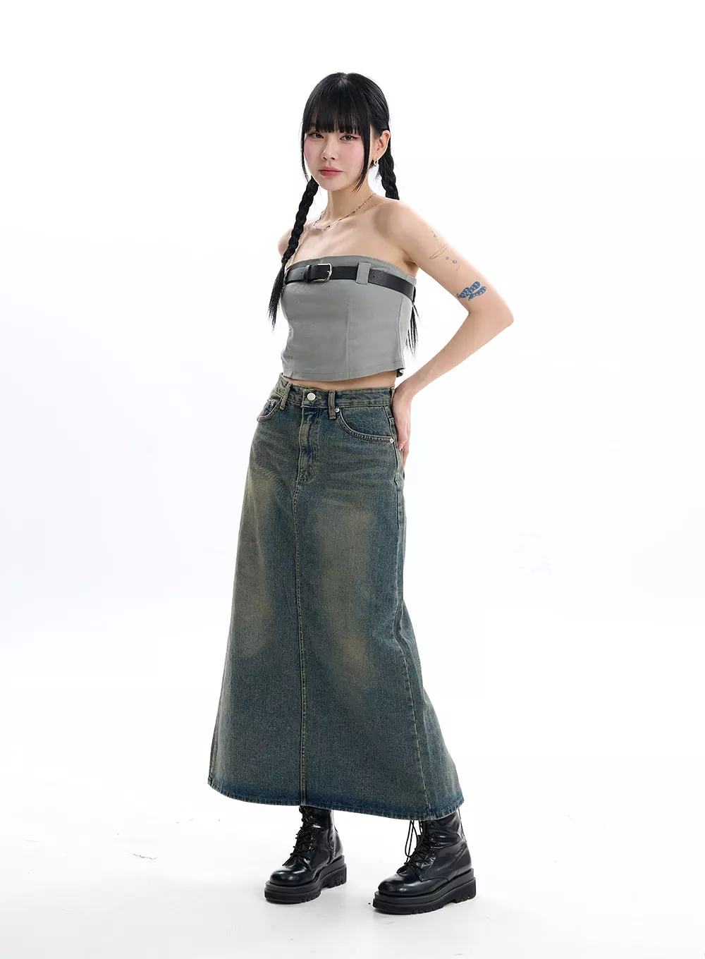 Denim Split Maxi Skirt IF413