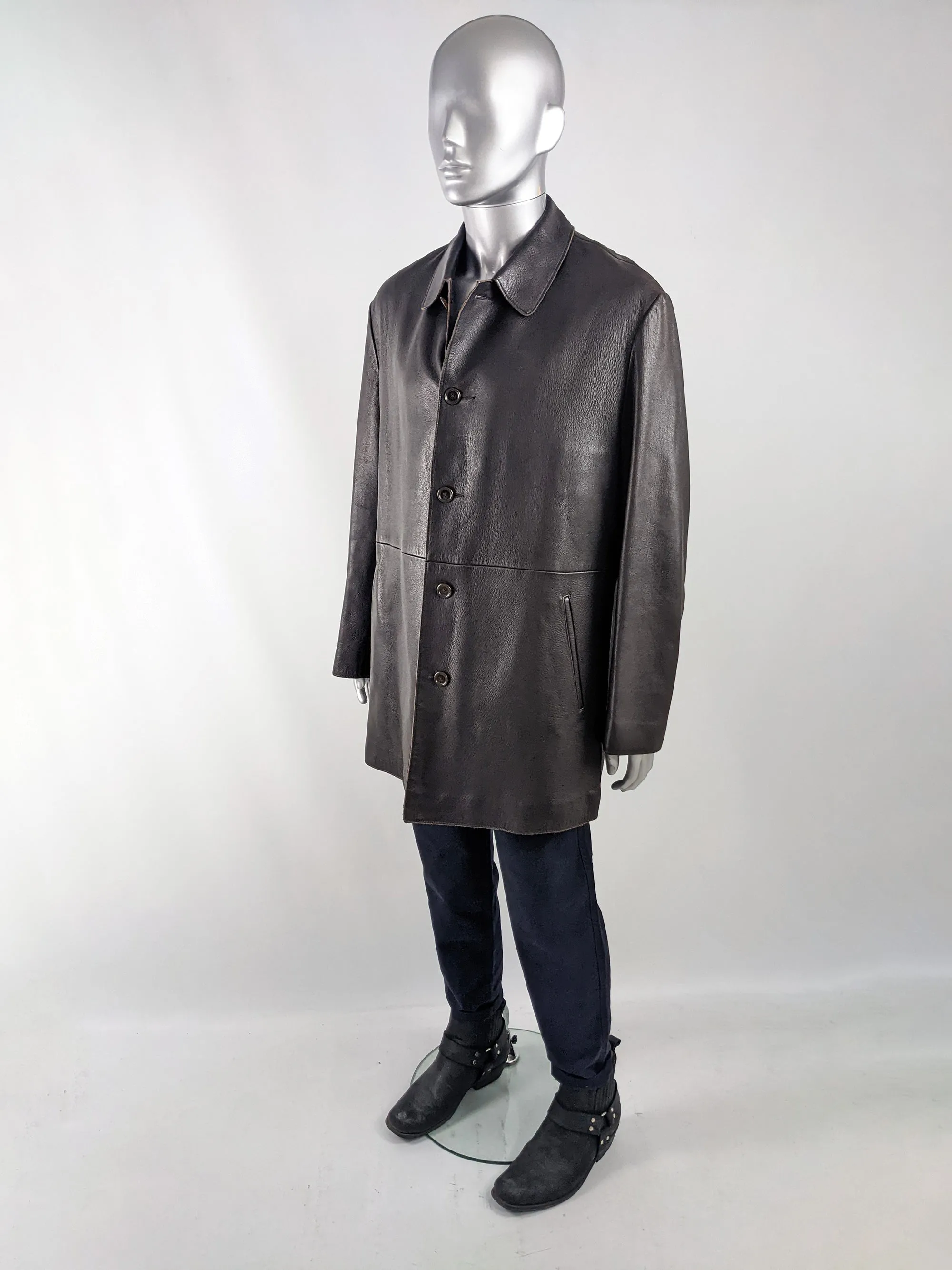 Donna Karan Vintage Mens Dark Brown Leather Coat, 1990s