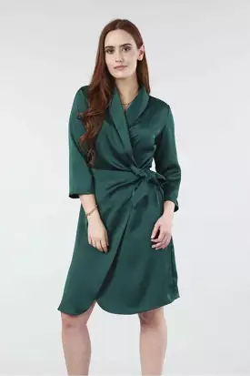 Double Second Green Wrap Belted Satin Dress