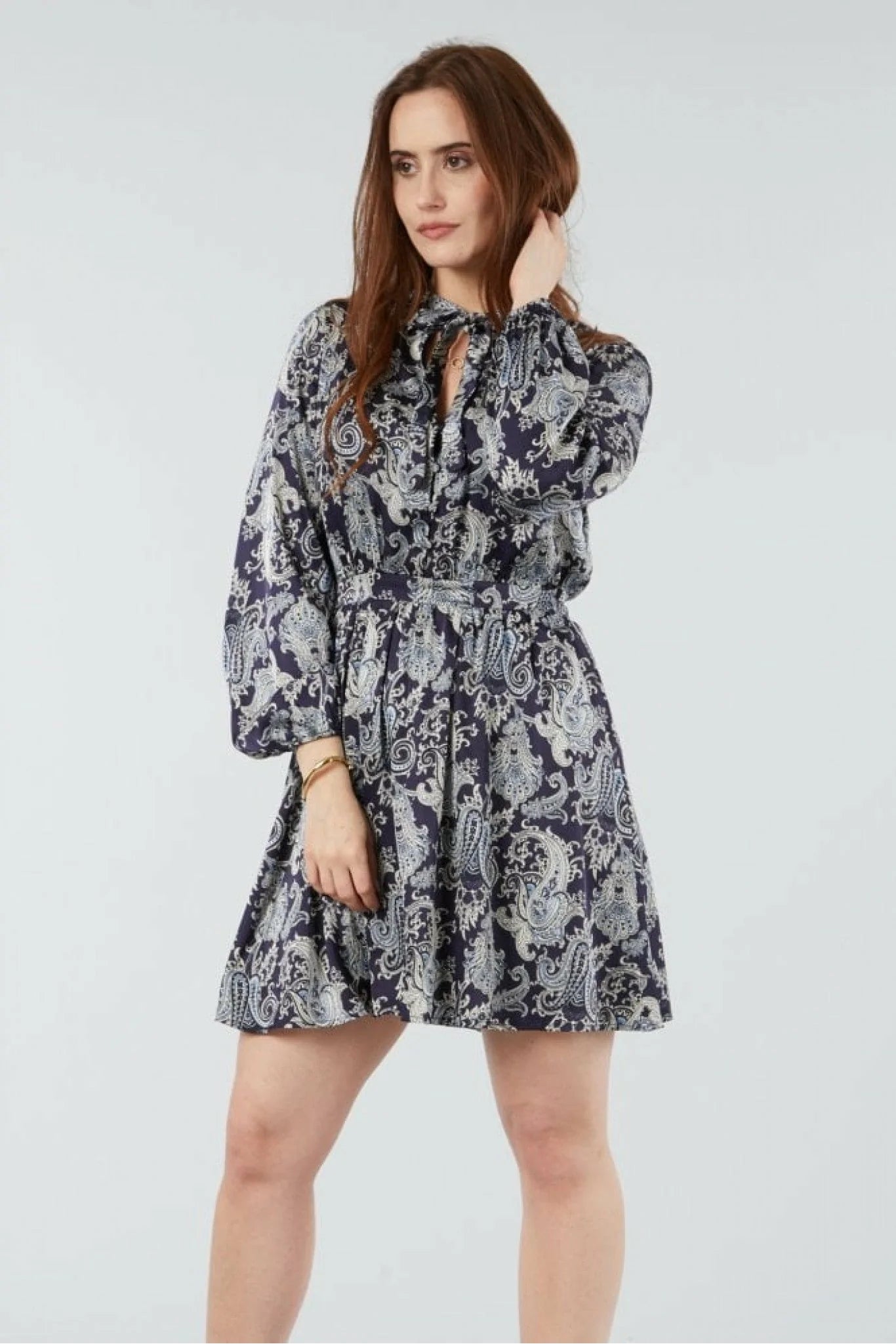 Double Second Navy Paisley Print Pussybow Dress