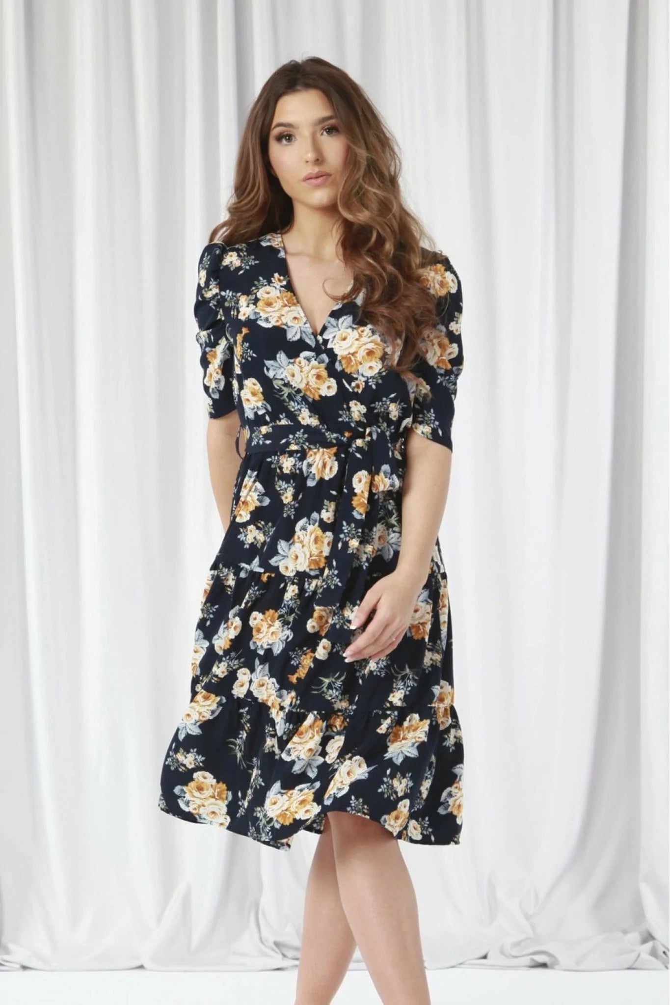 Double Second Navy Printed Puff Sleeve Wrap Dress