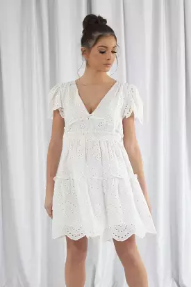 Double Second Puff Sleeve White Broderie Dress