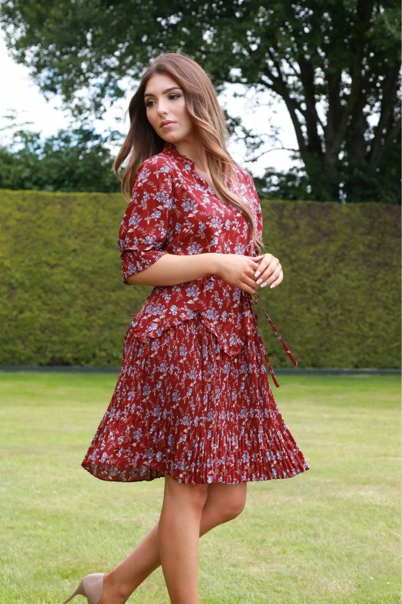 Double Second Red Floral Chiffon Pleat Detail Dress