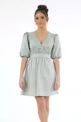 Double Second Sage Volume Sleeve Ruched Dress