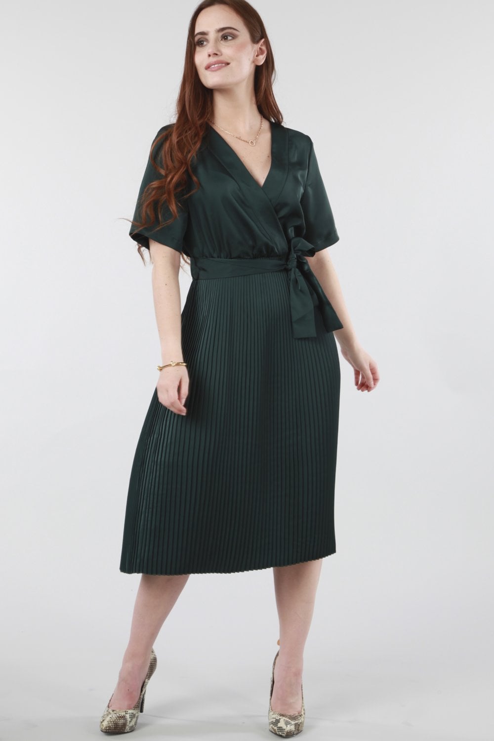 Double Second Satin Wrap Front Pleated Midi Dress