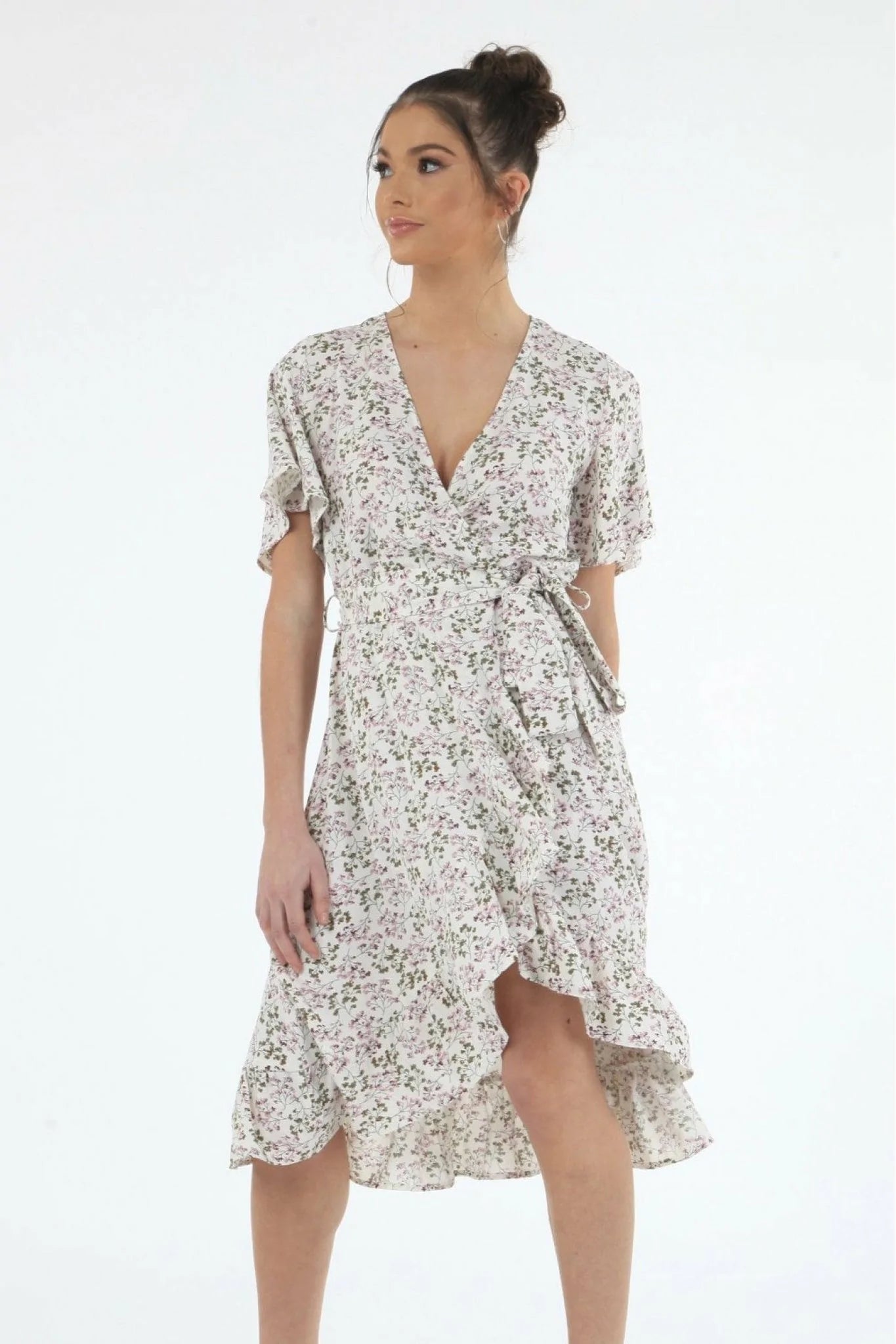 Double Second White Print Tea Sleeves Back Wrap Dress