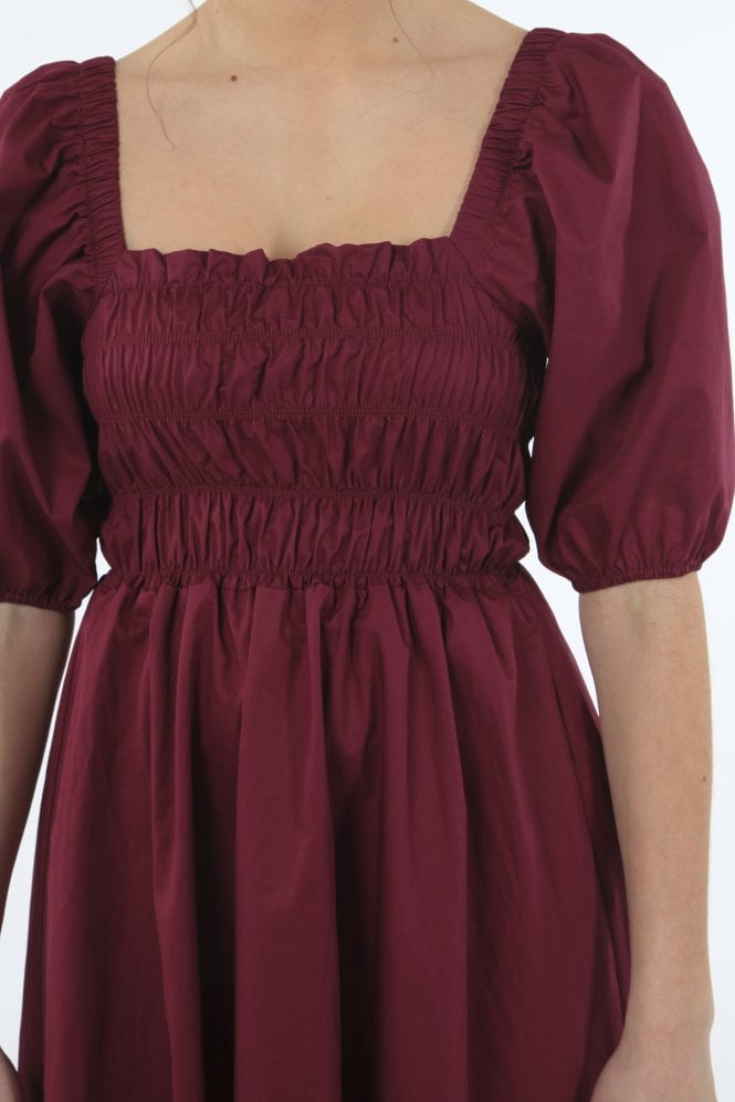 Double Second Wine Ruched Puff Sleeve Dress