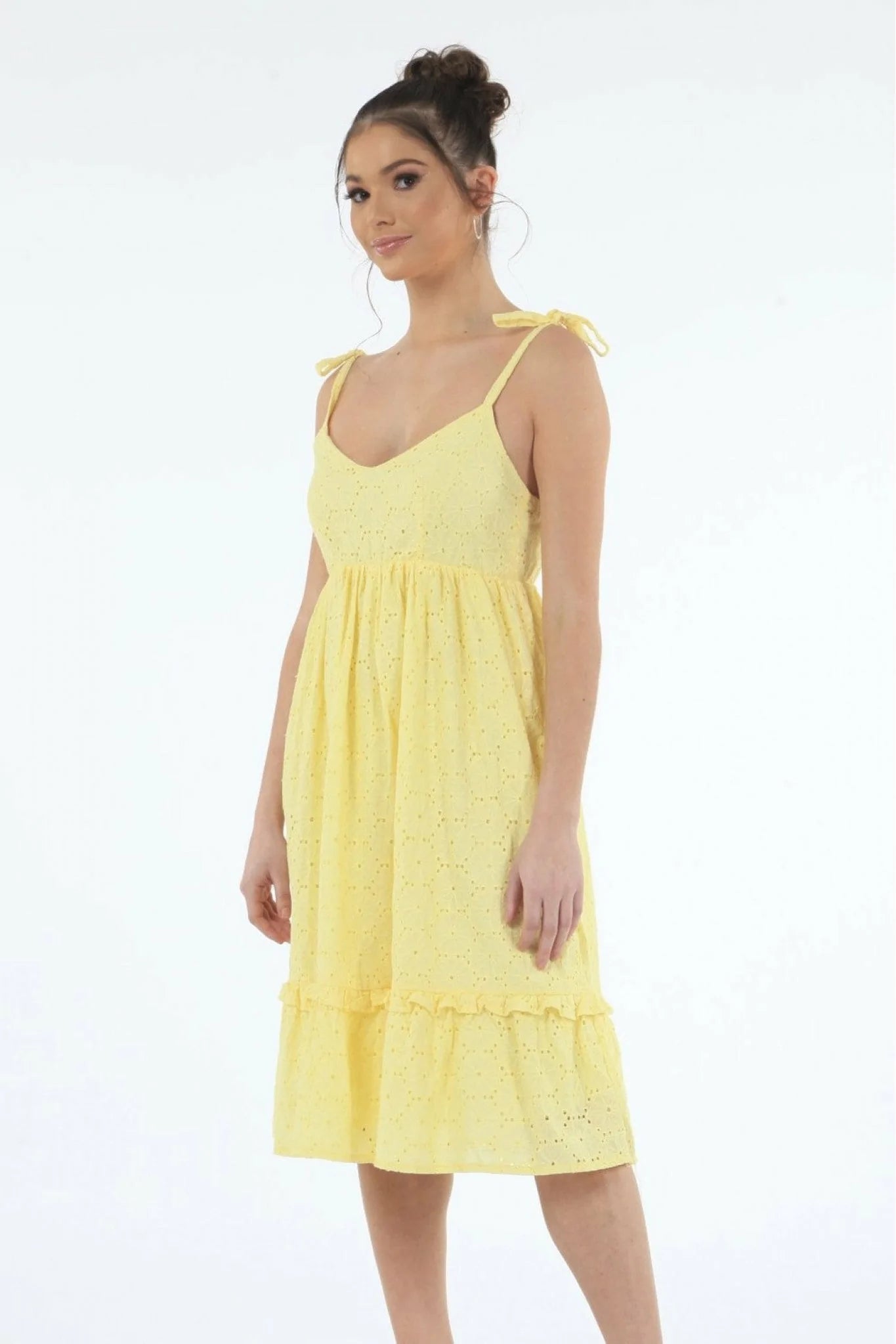 Double Second Yellow Tie Strap Broiderie Dress