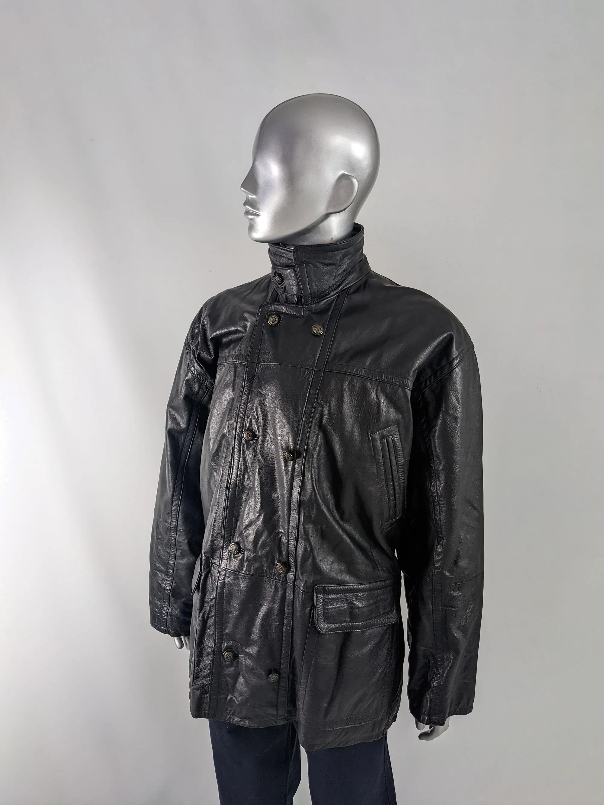 Gavin Brown Mens Vintage Black Leather Double Breasted Coat, 1980s