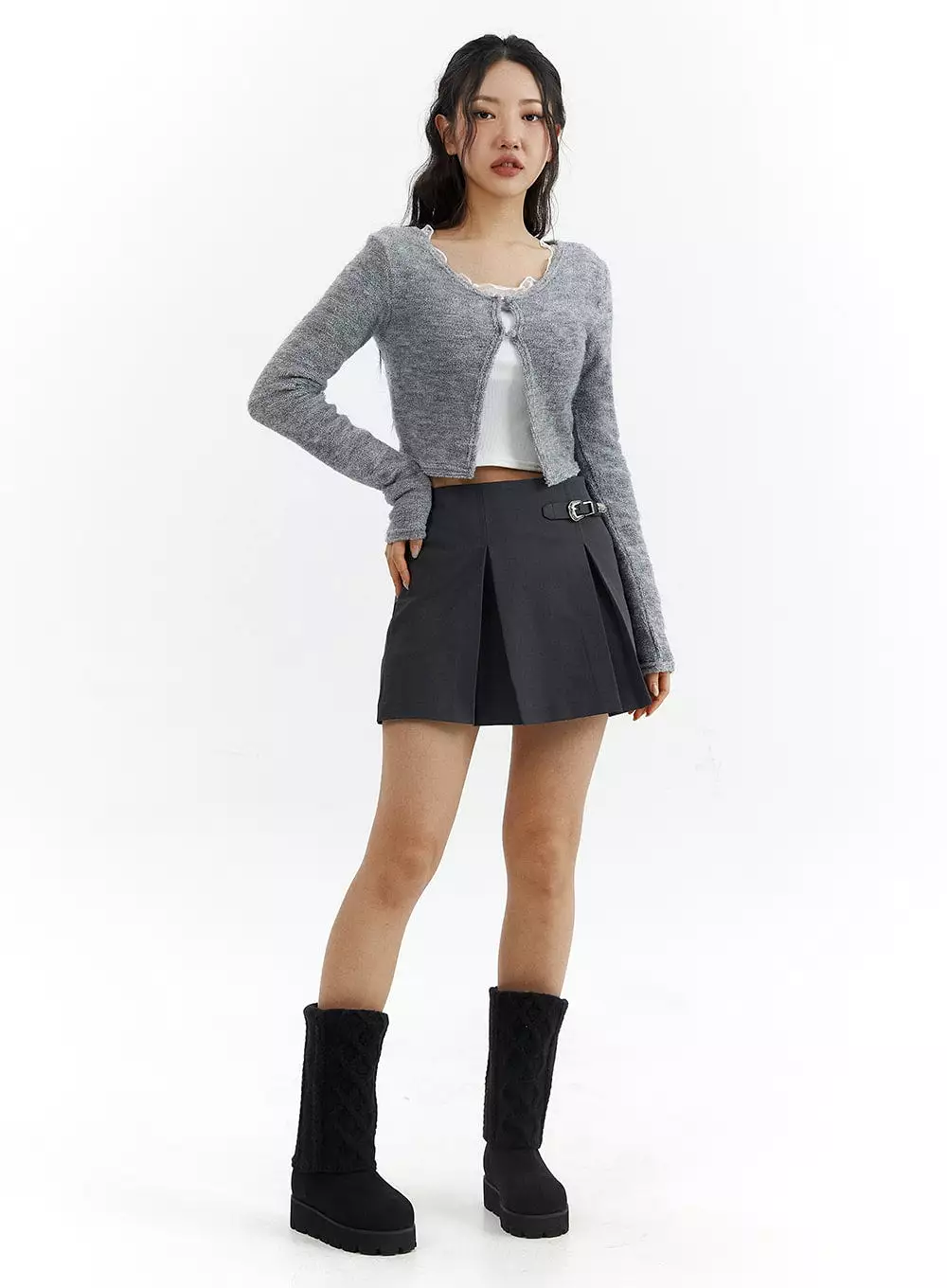 Gray Pleated Belted Mini Skirt CJ423