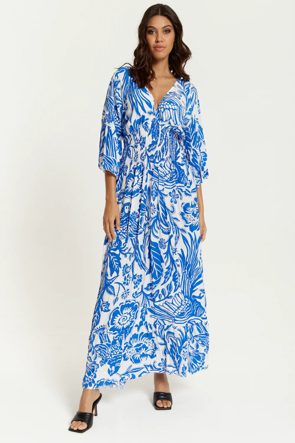 Hoxton Gal Oversized V Neck Detail Floral Print Maxi Dress