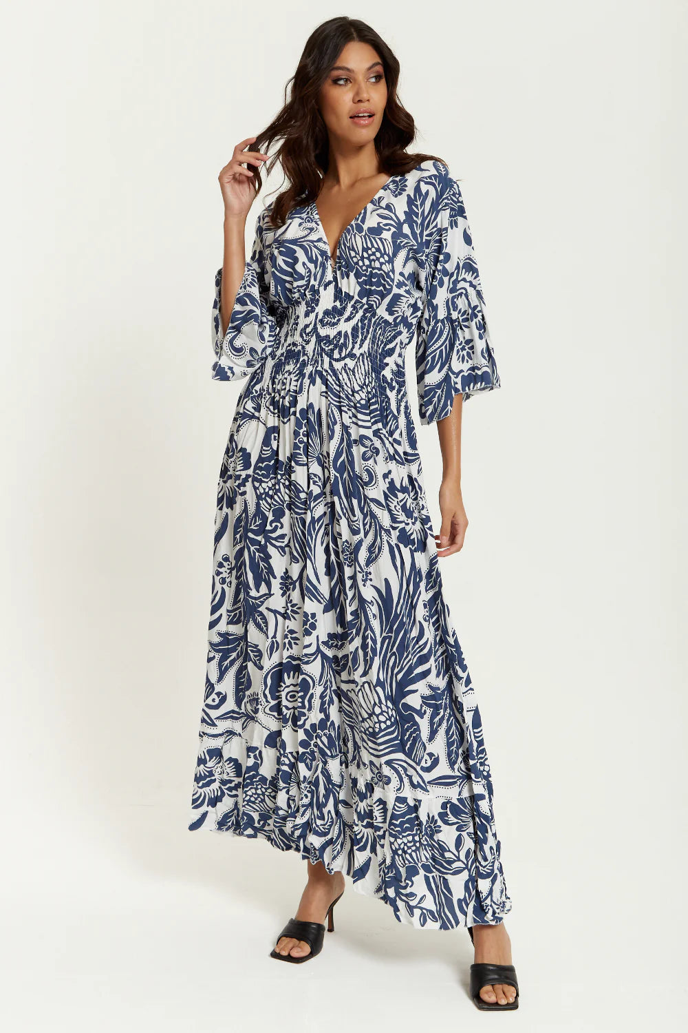 Hoxton Gal Oversized V Neck Detail Floral Print Maxi Dress