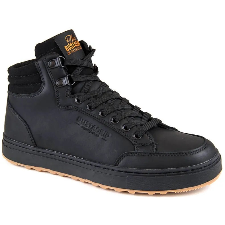 Leather men's high-top sports shoes, black Bustagrip