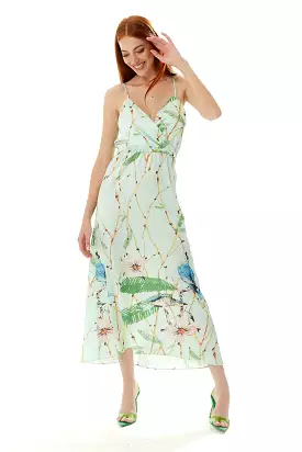 Liquorish Bird Print Cami Maxi Dress In Mint Green