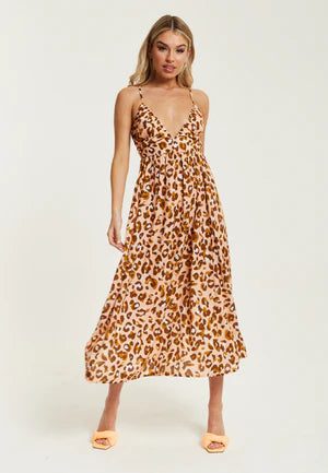 Liquorish Brown Leopard Strappy Midi Dress With Open Back