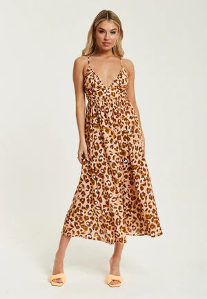 Liquorish Brown Leopard Strappy Midi Dress With Open Back